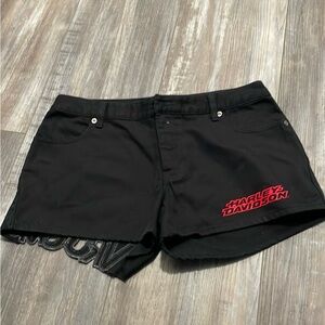 Harley Davidson Shorts Womens Black Denim Red Embroidered Vroom! Biker Cotton